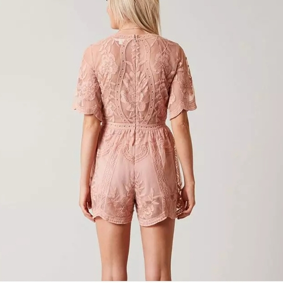 Embroidered Lace Overlay Plunge V Neck Romper Shorts Pink Womens Size Small - Picture 2 of 13